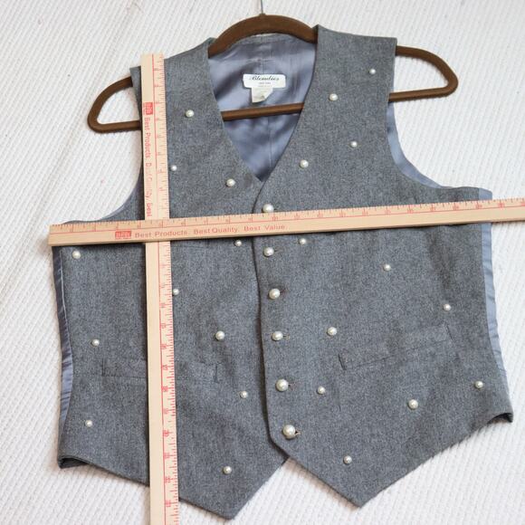 Vintage Blondies NY Gray Wool Vest w/ Faux Pearls OS Made in USA Lined - Picture 3 of 6